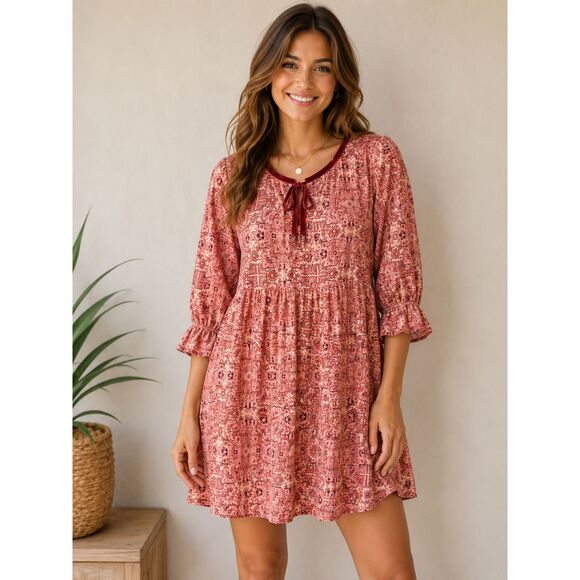 For Love & Lemons Dresses & Skirts - For Love & Lemons Pink Boho Babydoll Dress Velvet Tie Neck Long Sleeve Size L